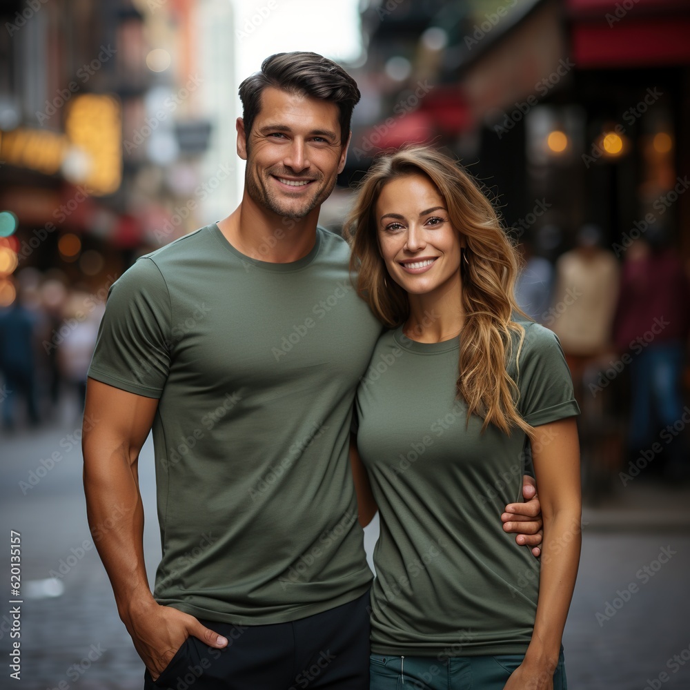Illustration of a couple fashion portrait with plain t-shirt mockup, AI Generated Illustration of a couple fashion portrait with plain t-shirt mockup, AI Generated