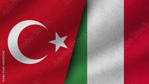 Italy and Turkey Realistic Two Flags Together, 3D Illustration