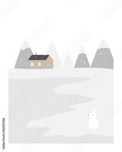 Vector holiday illustration of a winter scene, lonely standing house, mountains and rabbit