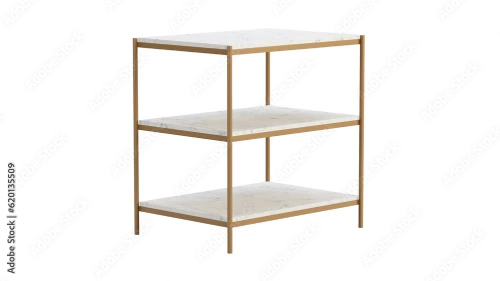 Circular animation of modern nightstand with brass base and marble shelves on white background. Mid-century, Loft, Chalet, Scandinavian interior. 3d render Circular animation of modern nightstand with brass base and marble shelves on white background. Mid-century, Loft, Chalet, Scandinavian interior. 3d render