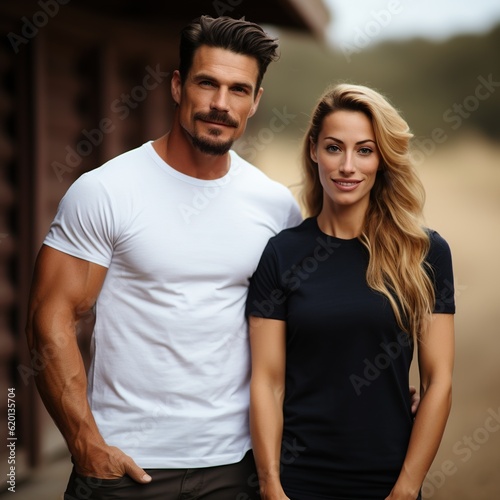 Illustration of a couple fashion portrait with plain t-shirt mockup, AI Generated