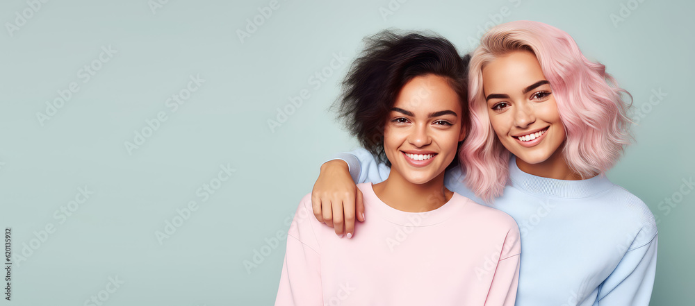 Two young beautiful girls hugging, laughing and smiling against a flat pastel blue background. Happy women girlfriends, portrait, copy space for text. Generative AI photo. Two young beautiful girls hugging, laughing and smiling against a flat pastel blue background. Happy women girlfriends, portrait, copy space for text. Generative AI photo.