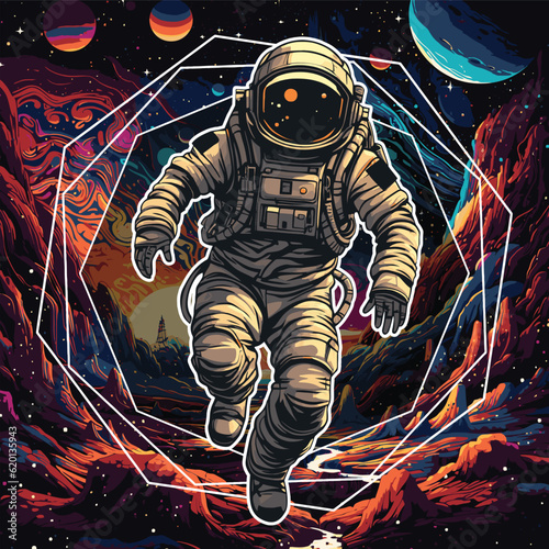 Fototapeta astronaut running over the planet mars with a modern and futuristic vector style