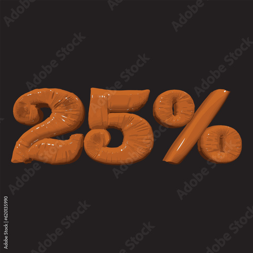 Inflated plastic square illustration of volumetric glossy deformed 3D render of orange number 25 percent on black background. Balloon metallic number. Beautiful volumetric number for advertising