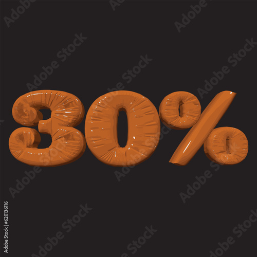 Inflated plastic square illustration of volumetric glossy deformed 3D render of orange number 30 percent on black background. Balloon metallic number. Beautiful volumetric number for advertising
