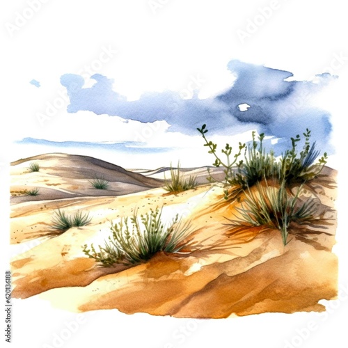Watercolor illustration landscape sand and grass in pastel shades for print or web site