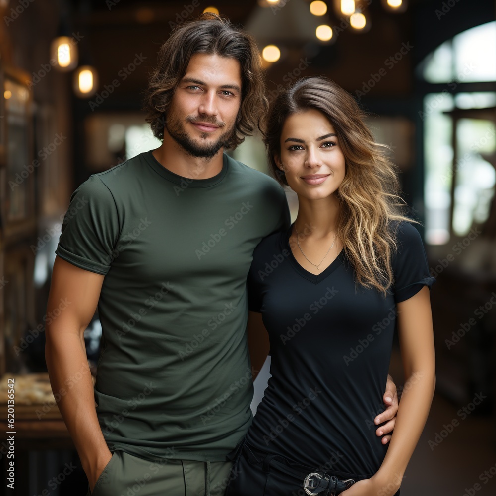 Fototapeta premium Illustration of a couple fashion portrait with plain t-shirt mockup, AI Generated