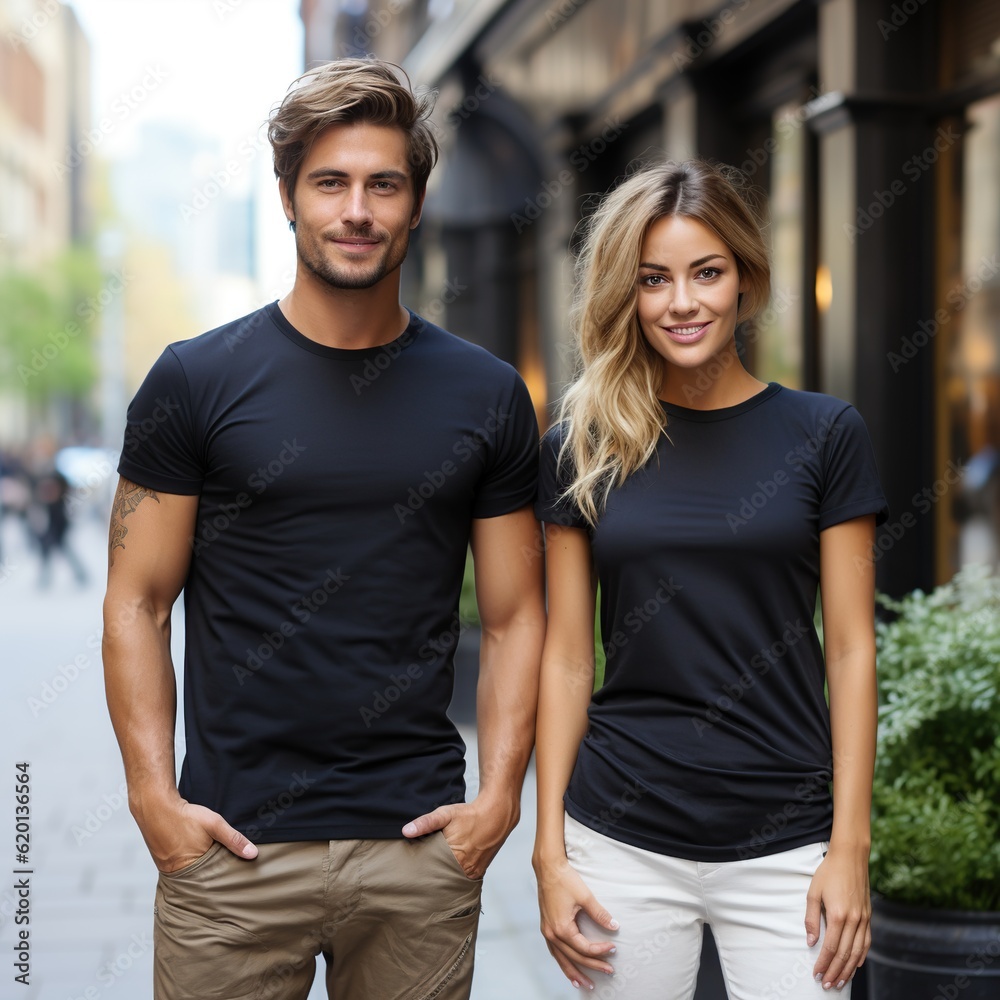 Illustration of a couple fashion portrait with plain t-shirt mockup, AI Generated Illustration of a couple fashion portrait with plain t-shirt mockup, AI Generated