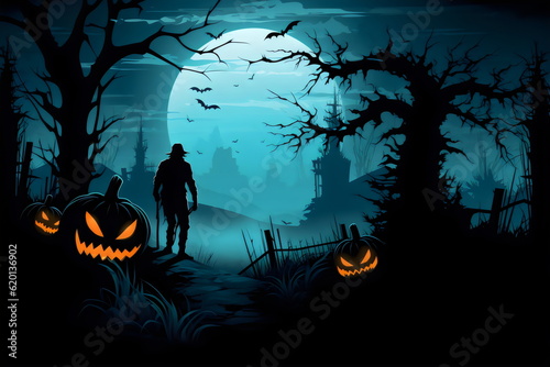 halloween man in spooky background border with dark trees and carved pumpkins and text space, made with generative ai © Ricky