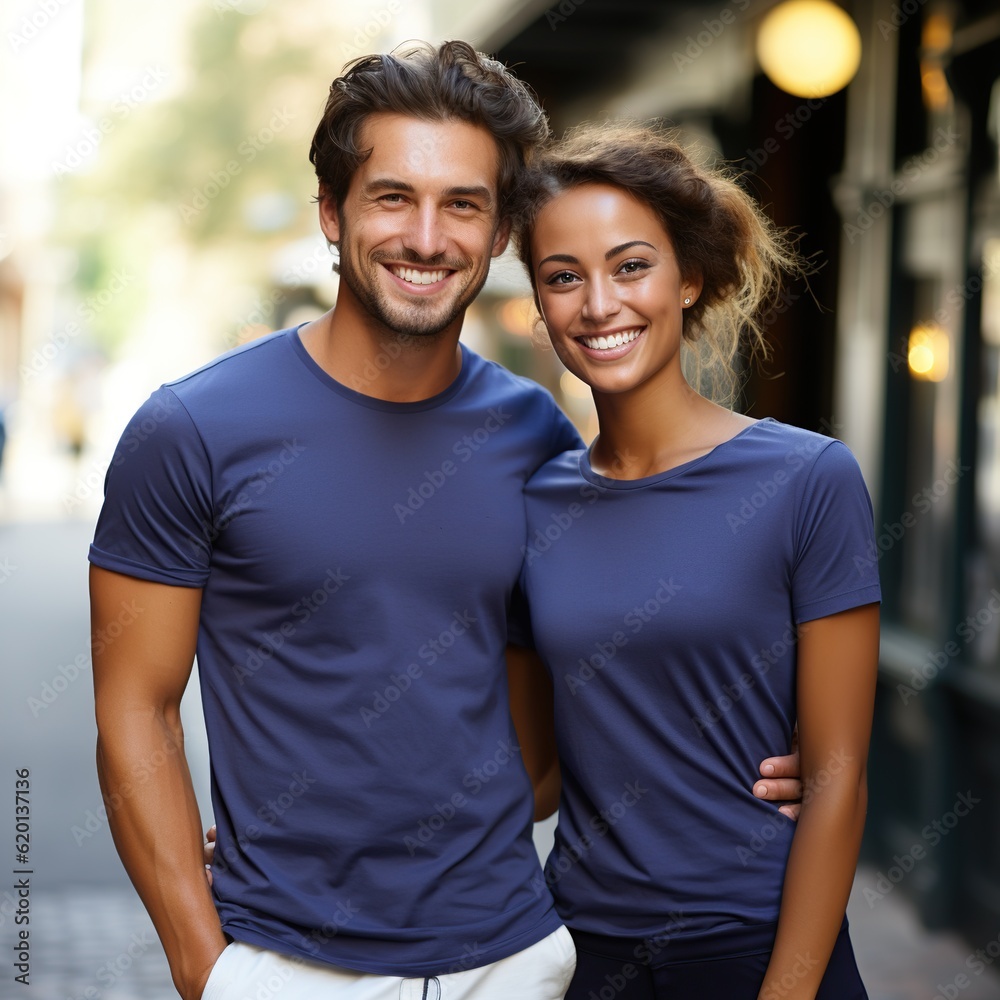 Illustration of a couple fashion portrait with plain t-shirt mockup, AI Generated Illustration of a couple fashion portrait with plain t-shirt mockup, AI Generated
