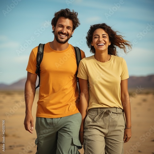 Illustration of a couple fashion portrait with plain t-shirt mockup, AI Generated