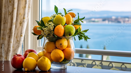 Vase of fresh tropical fruits on the wooden table there 