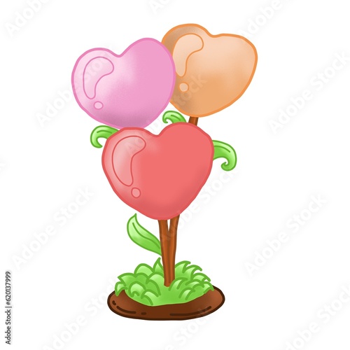 Many balloons, heart-shaped cartoons on a white background