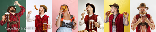 Collage made of young people, men and women in traditional causes emotional eating sausage and drinking beer. Concept of Oktoberfest, traditions, alcohol, taste, holidays, ad