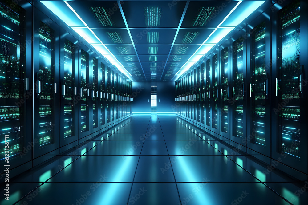 Big Data Center server room with blue lights. Server room with working flickering panels behind the glass. Datacenter and internet. Generative AI. Big Data Center server room with blue lights. Server room with working flickering panels behind the glass. Datacenter and internet. Generative AI.