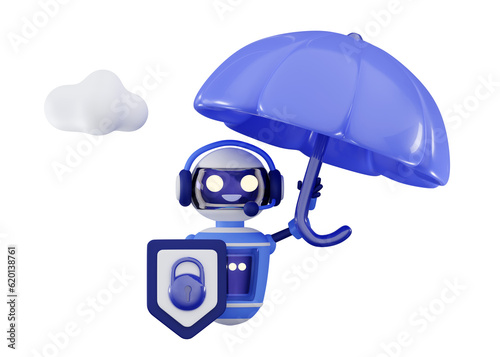 3d robot cybersecurity with with umbrella and protection padlock sign Concept of cybersecurity and data protection Industrial robotics malware Safeguarding of industrial Minimal 3D rendering illustrat