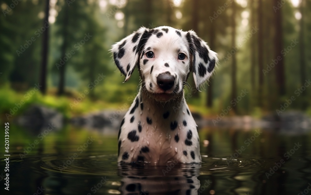 A dalmatian puppy standing on a log in the woods. AI