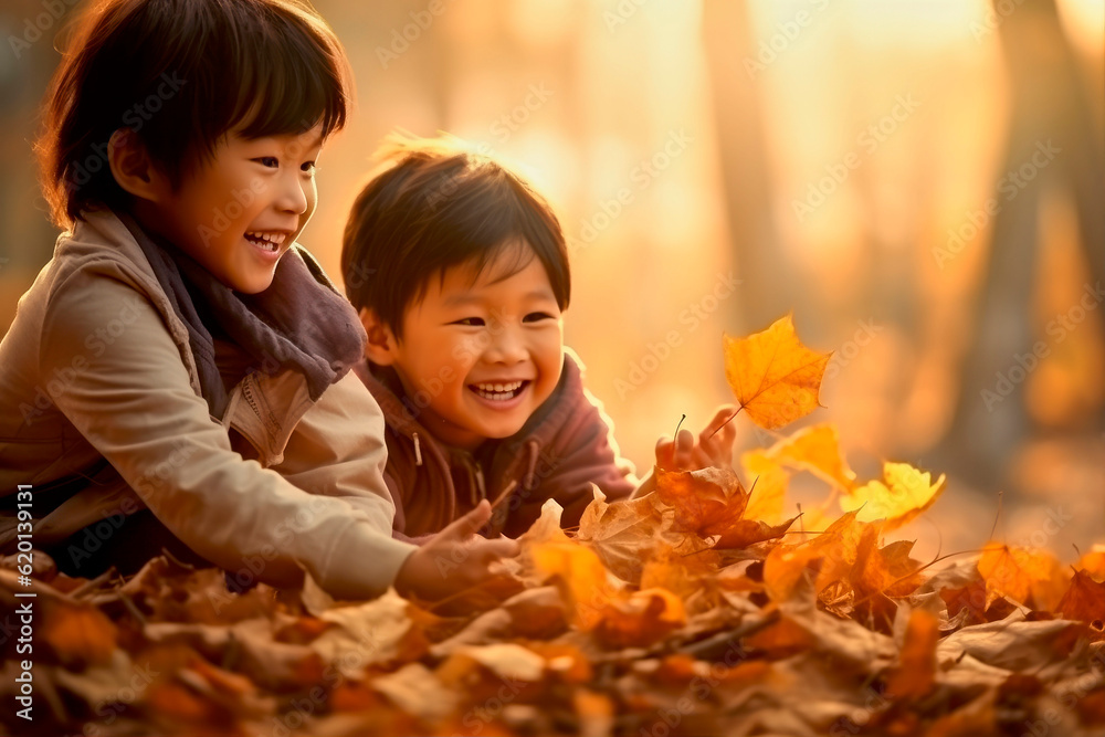 asian kids playing in autumn leaves on a sunny day - obrazy, fototapety, plakaty 