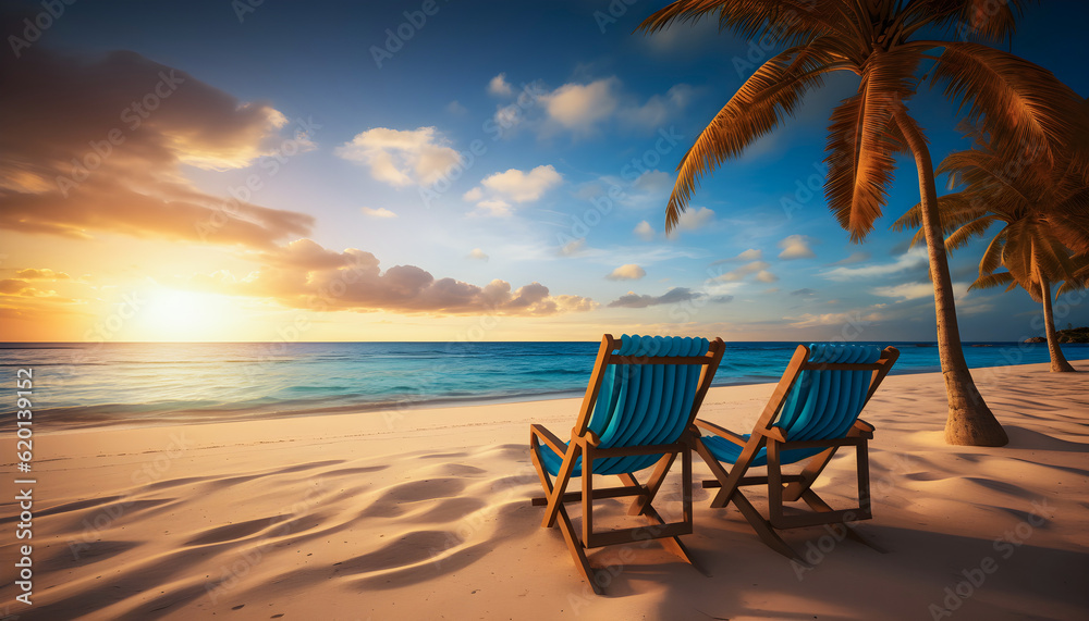 Two beach lounge chairs on a tropical vacation with palm trees,  turquoise water on sunset sky with gorgeous white clouds background. Generative AI.