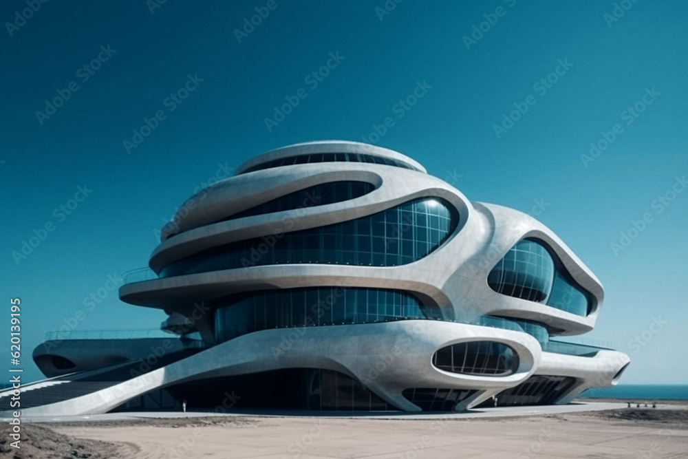 Obraz premium Futuristic, architecture and design with building in city for construction, development and innovation. Sci fi, creative and ai generated with glass structure for future, science and industry