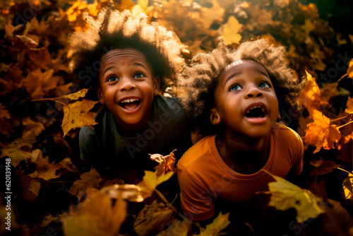 Photographie black kids playing in autumn leaves on a sunny day