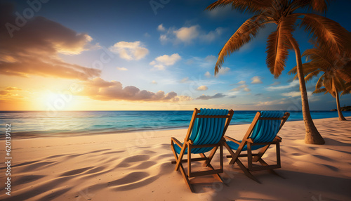 Two beach lounge chairs on a tropical vacation with palm trees   turquoise water on sunset sky with gorgeous white clouds background. Generative AI.