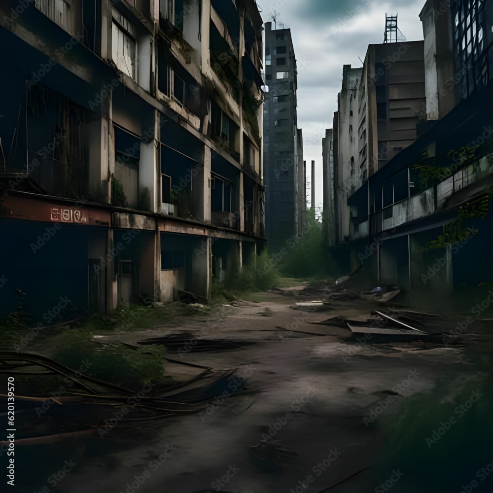 Apocalyptic cityscape, with dilapidated and overgrown buildings