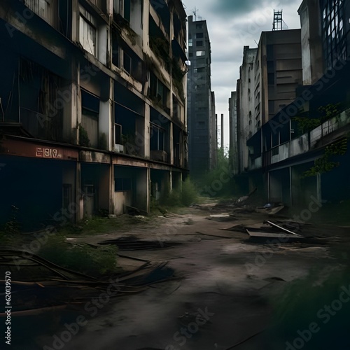 Apocalyptic cityscape, with dilapidated and overgrown buildings © Rukma