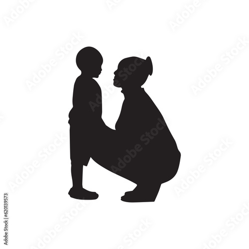 A cute standing baby with his mother silhouette vector art.