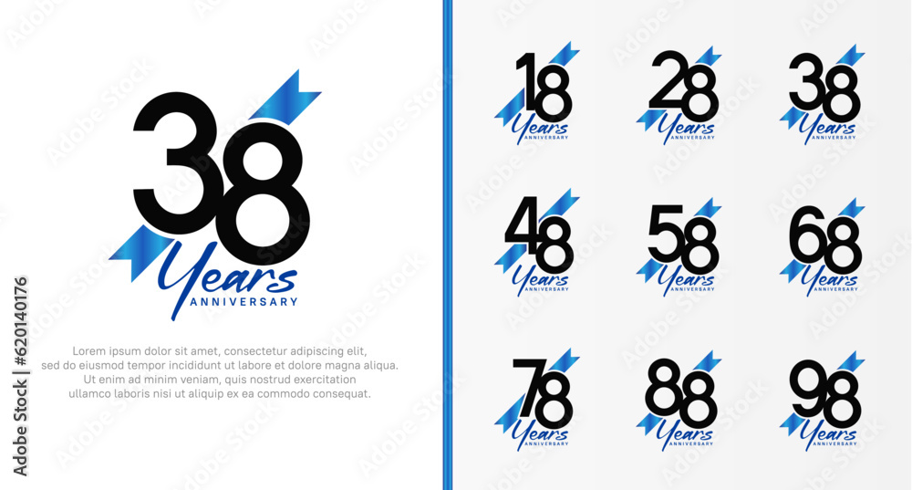 set of anniversary logo black color number and blue ribbon on white background for celebration set of anniversary logo black color number and blue ribbon on white background for celebration