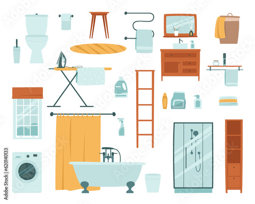 A set of bathroom and laundry furniture. Bath, shower, toilet, washbasin, household chemicals. Different furniture for interior design in the same style. Flat vector illustration.