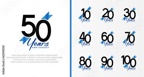 set of anniversary logo black color number and blue ribbon on white background for celebration