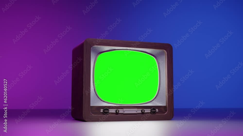Retro TV with green screen against neon illumination Retro TV with green screen against neon illumination