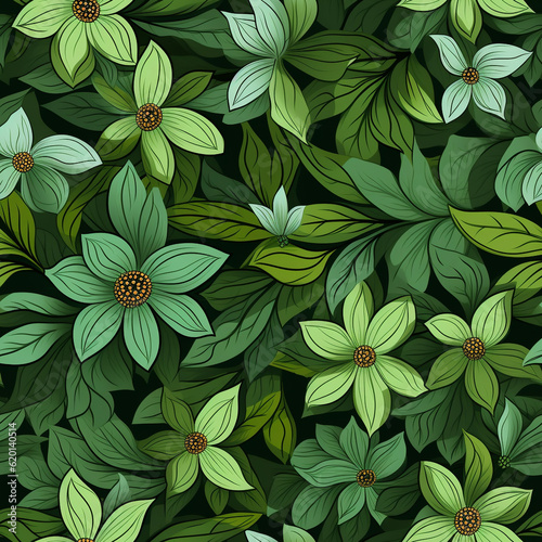 Flowers and leafs green tone pattern seamless. ai generate.