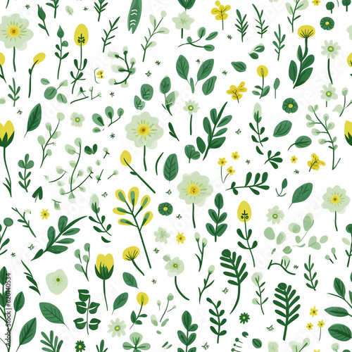 Flowers and leafs green tone pattern seamless on white background. ai generate.