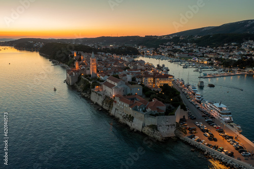 Fototapeta Naklejka Na Ścianę i Meble -  Aerial view of the evening in the old town of Rab, the Adriatic Sea in Croatia