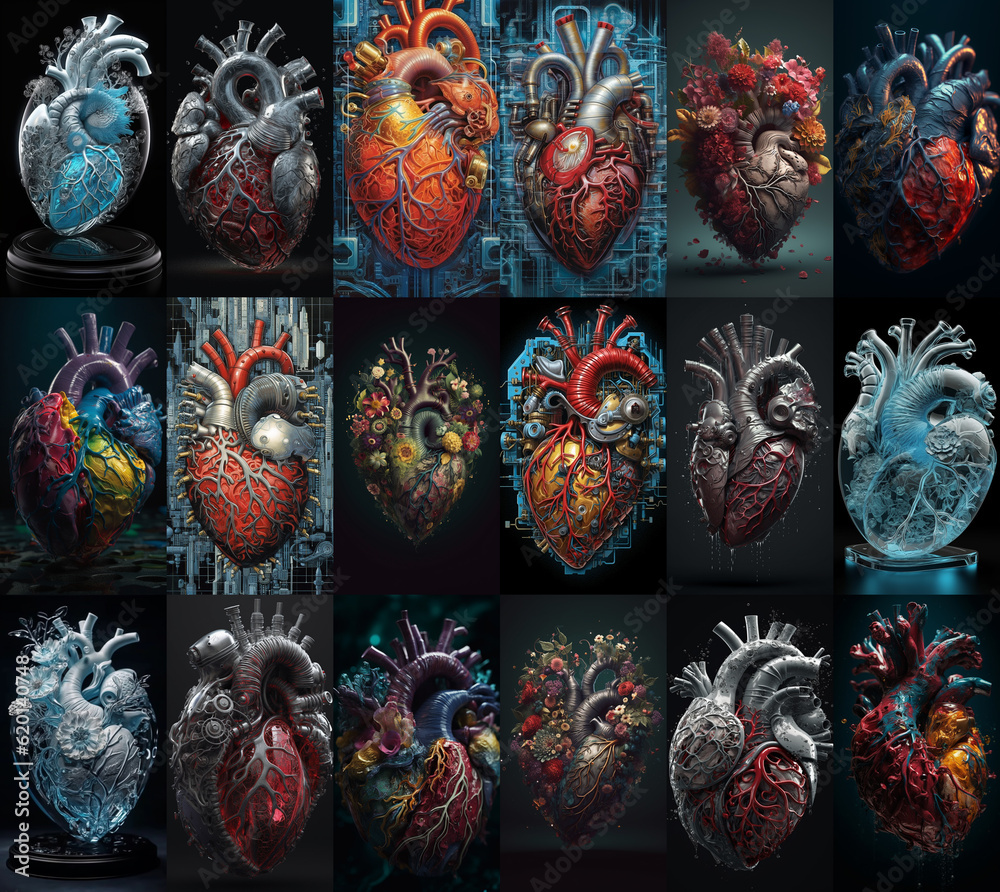 Set of various human heart in different styles AI generated