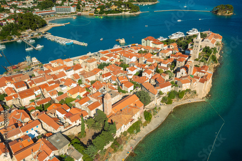 Aerial view of the old town of Rab, the Adriatic Sea in Croatia 