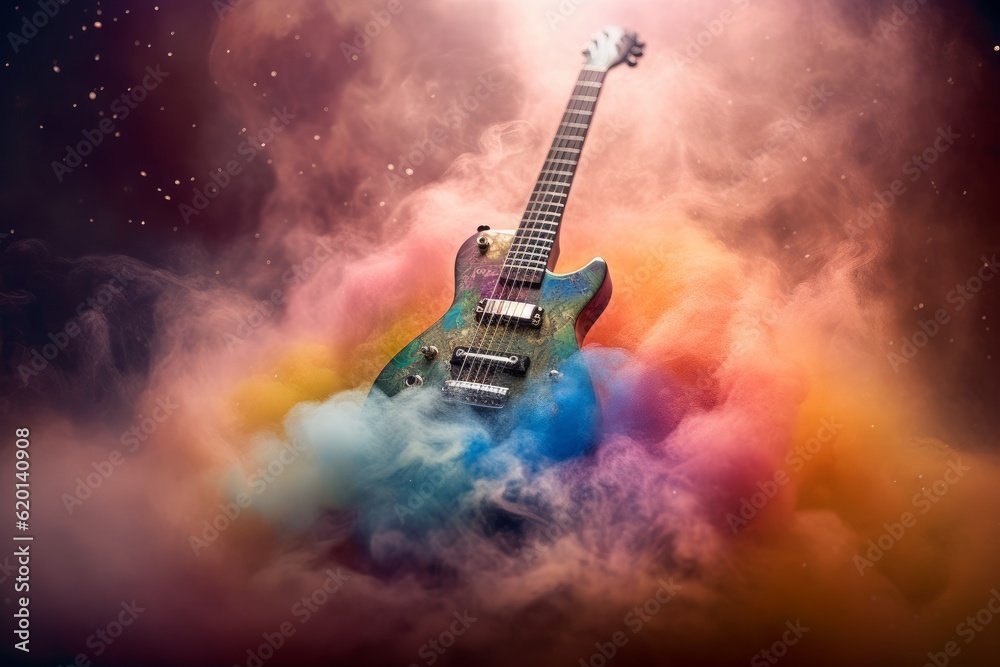Illustration of an electric guitar surrounded by swirling clouds of colorful smoke created using generative AI