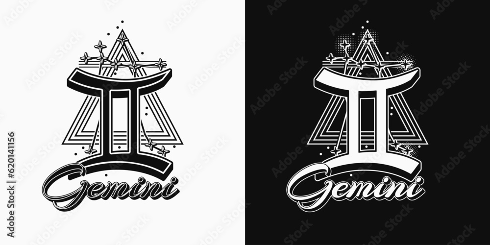 Black and white icon of zodiac sign Gemini with constellation with stars, text, triangle as alchemical symbol for air element. Horoscope esoteric elements. Vintage style. - obrazy, fototapety, plakaty 