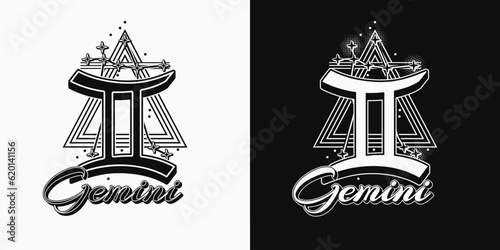 Black and white icon of zodiac sign Gemini with constellation with stars, text, triangle as alchemical symbol for air element. Horoscope esoteric elements. Vintage style.