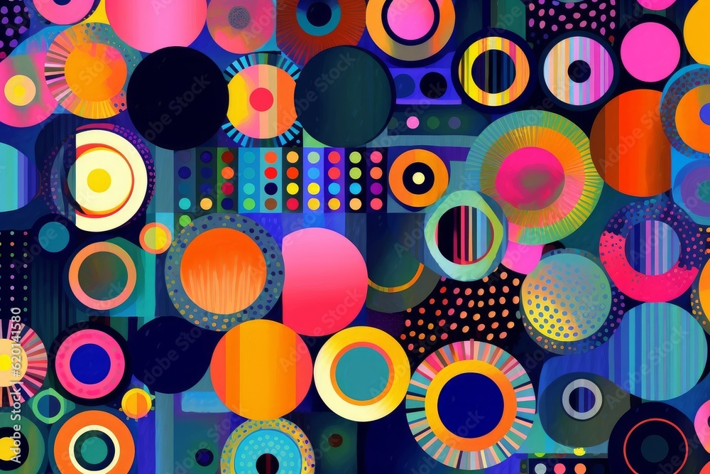 Illustration of a vibrant abstract painting with various circles and dots created using generative AI