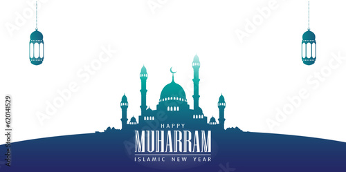 islamic new year with the silhouette of a mosque in the color combination of blue and white