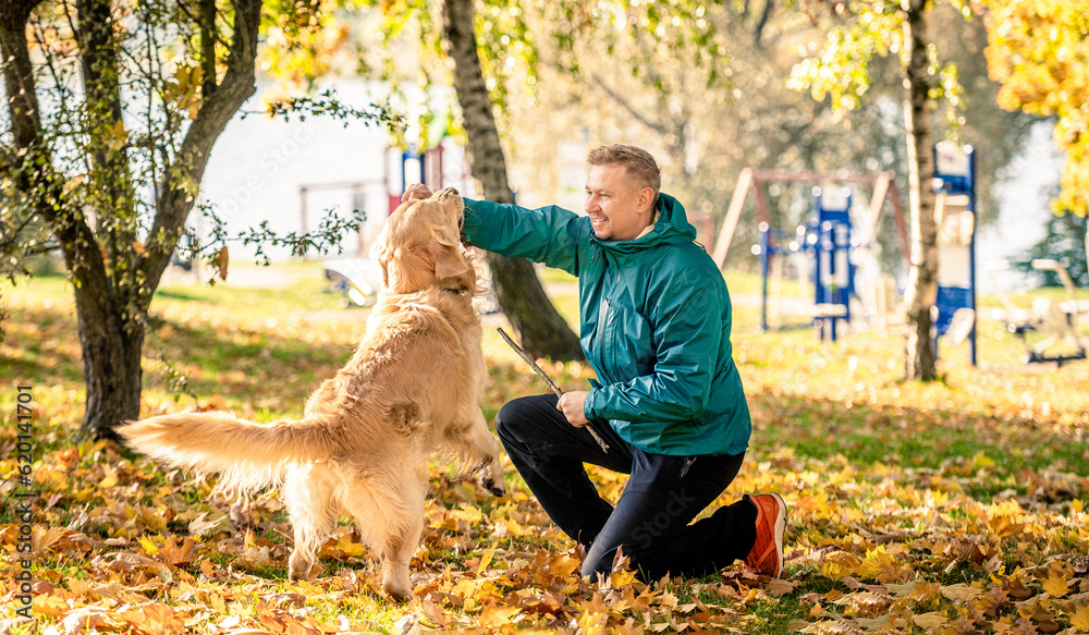 Man playing with his dog golden retriever in autumn park