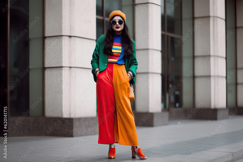 Summer street fashion conception: elegant woman wearing trendy colourful clothes. Generative AI