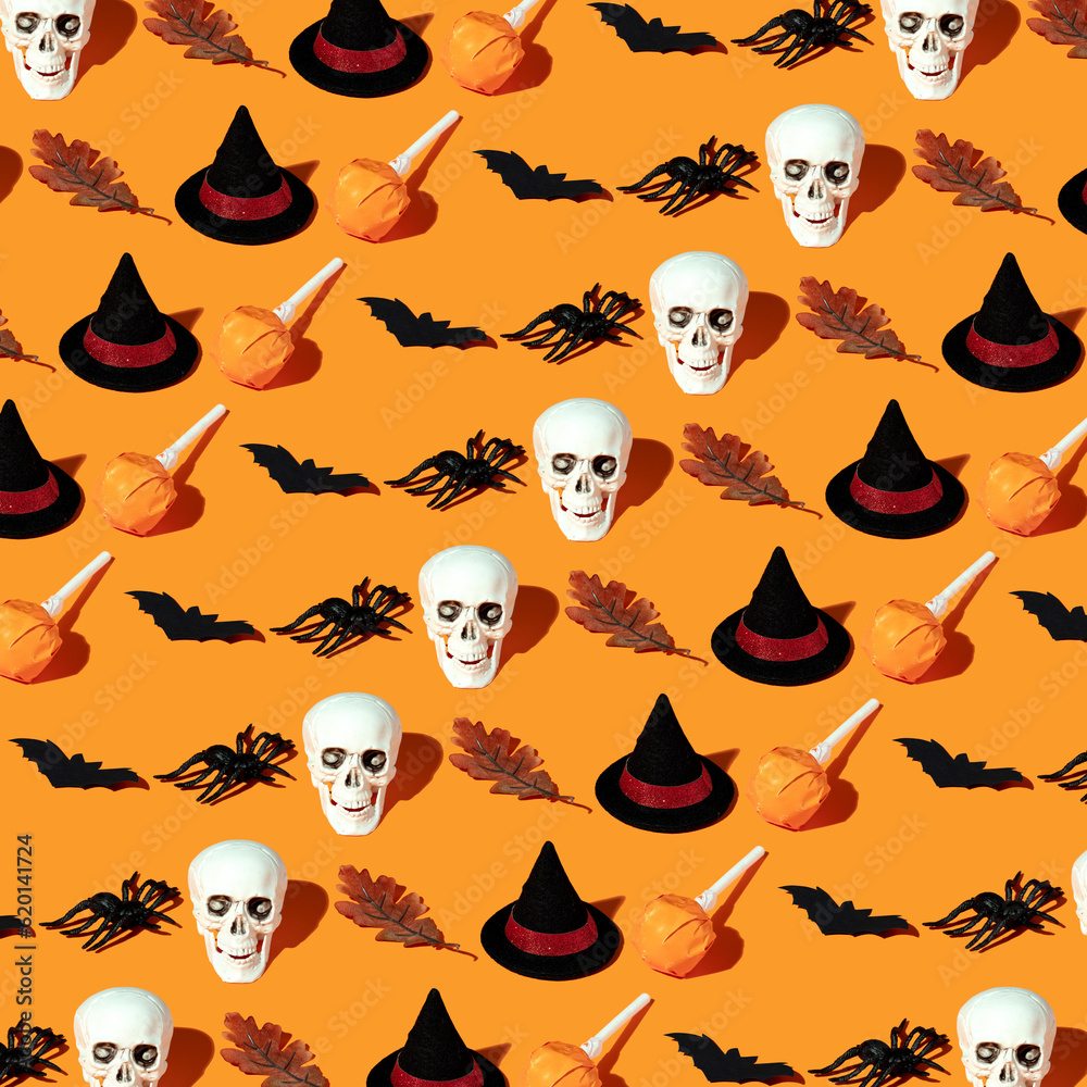 Orange background with collection of Halloween objects, Halloween pattern Orange background with collection of Halloween objects, Halloween pattern