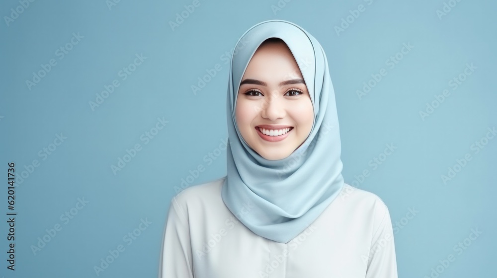 Smiling muslim beautiful woman with hijab and casual shirt standing over isolated light blue background. Smiling muslim beautiful woman with hijab and casual shirt standing over isolated light blue background.
