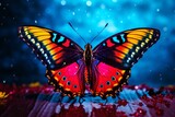 Illustration of a vibrant butterfly perched gracefully on a tabletop, created using generative AI