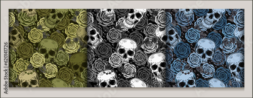 Seamless camouflage patterns with human skull, roses, scattred beads. Good for woman clothing, apparel, fabric, textile, sport goods design. Detailed illustration in vintage style. photo