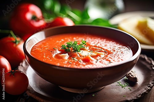 Gazpacho soup. Traditional spanish cold tomato soup of fresh raw vegetables with cooking ingredients on a wooden table top view. Generative AI
